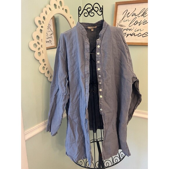 J. JILL 1X Blue Linen Button Down Shirt Lagenlook Artsy Boho - Picture 1 of 7